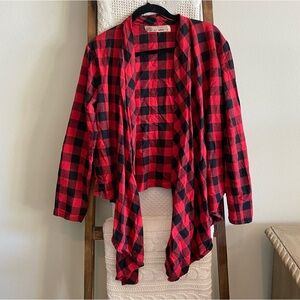 NWOT EZ Clothing Red & Black Buffalo Plaid Open Jacket with Brown Suede Elbows